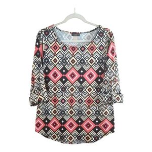 Cocomo Petite 3/4 Sleeve Diamond Print Slinky Knit Scoop Neck Top Women's PM